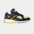 Black LA Gear Catapult lowtop sneaker with purple and yellow accents and light-up sole