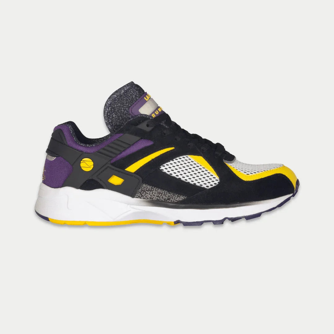 Black LA Gear Catapult lowtop sneaker with purple and yellow accents and light-up sole