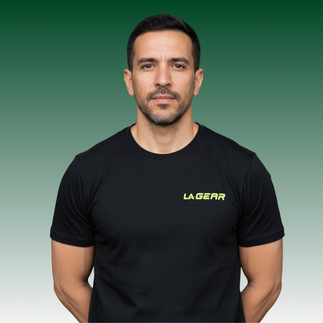 LA Gear Men's Performance Logo Tee in black with a neon-yellow logo on a plain background.