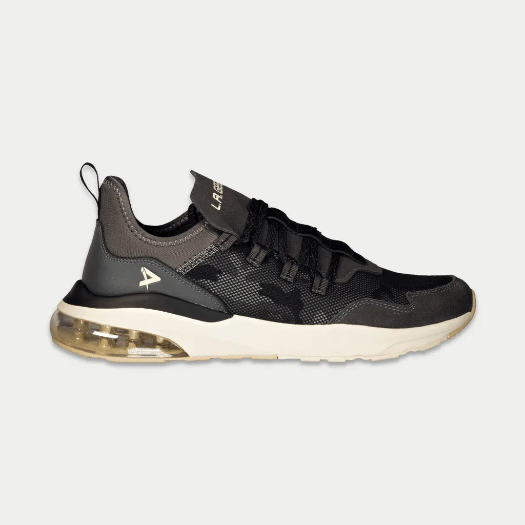 LA Gear Runyon lowtop sneaker in black and gray mesh with suede tongue and gel outsole.
