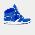 Side profile of LA Gear Star Shooter Vintage Hightop sneakers in blue with retro 90s branding.