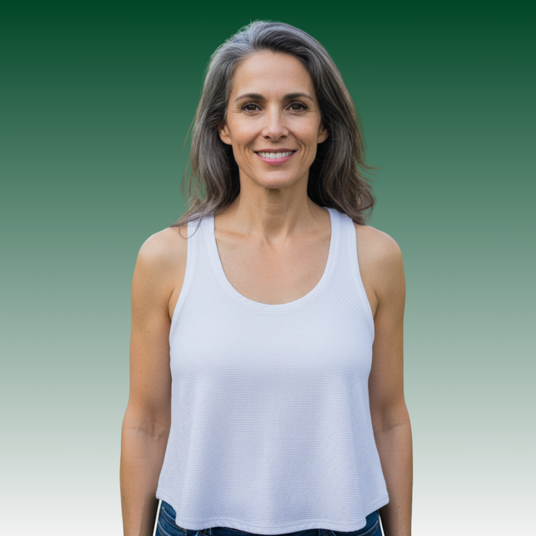 Women wearing a white, cropped athletic waffle mesh tank top with a rounded hem and vintage-style label.