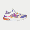 LA Gear Artesia women's lowtop sneakers in white, purple, and orange with geometric 3D print accents.