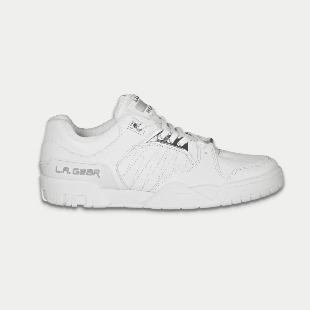 Women's white LA Gear Boardwalk lowtop sneaker with leather finish