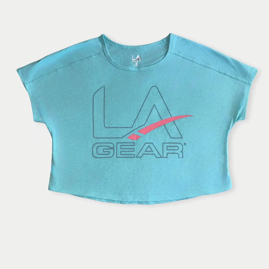 Women’s Cropped Tee in Light Aqua with Retro Slate and Pink Logo