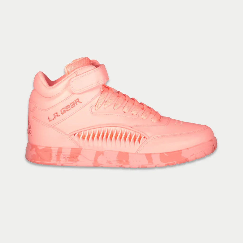 LA Gear women's Flame hightop sneakers in Neon Peach Glow colorway with glow details