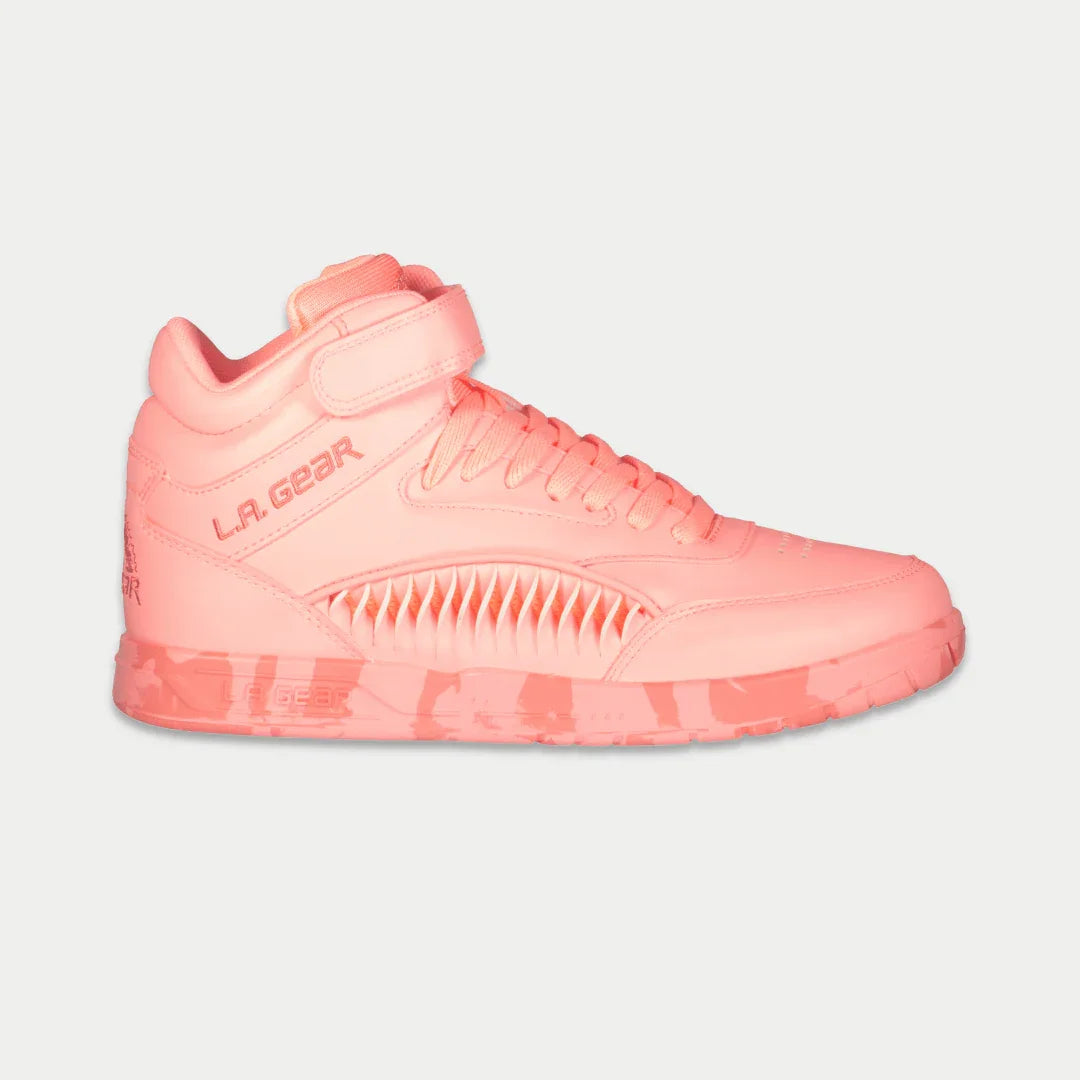 LA Gear women's Flame hightop sneakers in Neon Peach Glow colorway with glow details