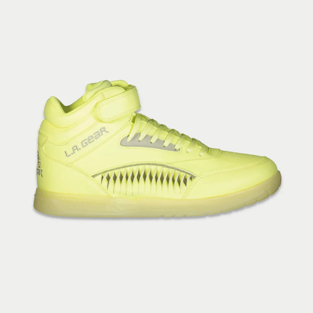 LA Gear Flame hightop sneakers in neon yellow glow with retro silhouette