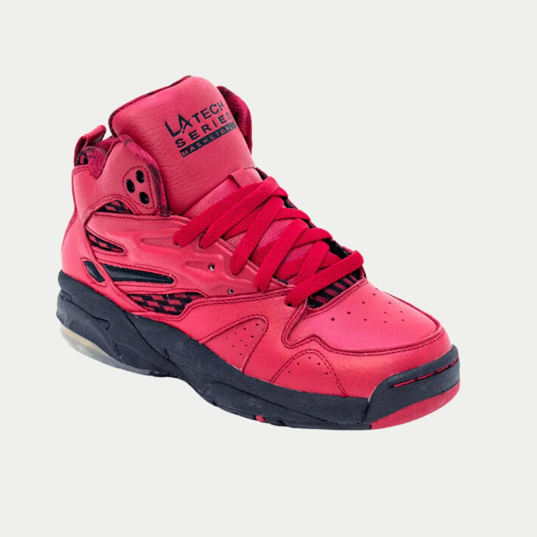 LA Gear LA Tech Light-Up Hightop sneakers in red and black suede with motion-activated heels.