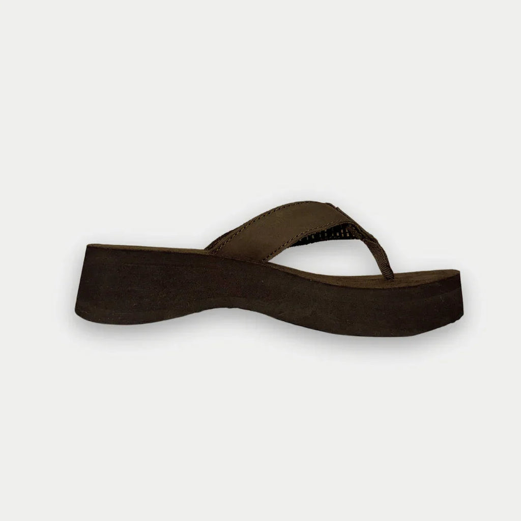 LA Gear Women's Malibu brown wedge flip-flop sandal viewed from the side