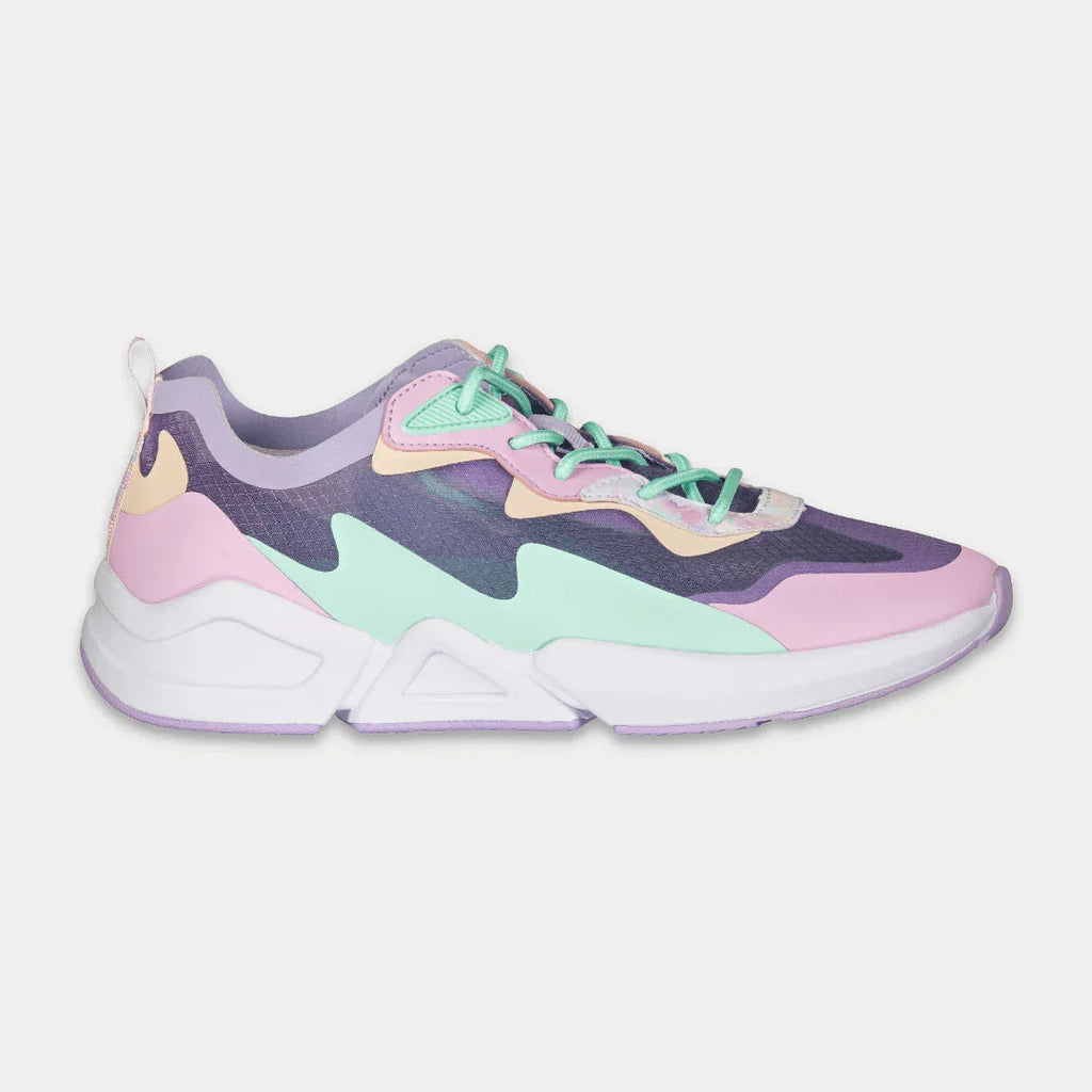 Women's LA Gear Mid-City lowtop sneakers in lavender and pink with mesh upper and seamless design.