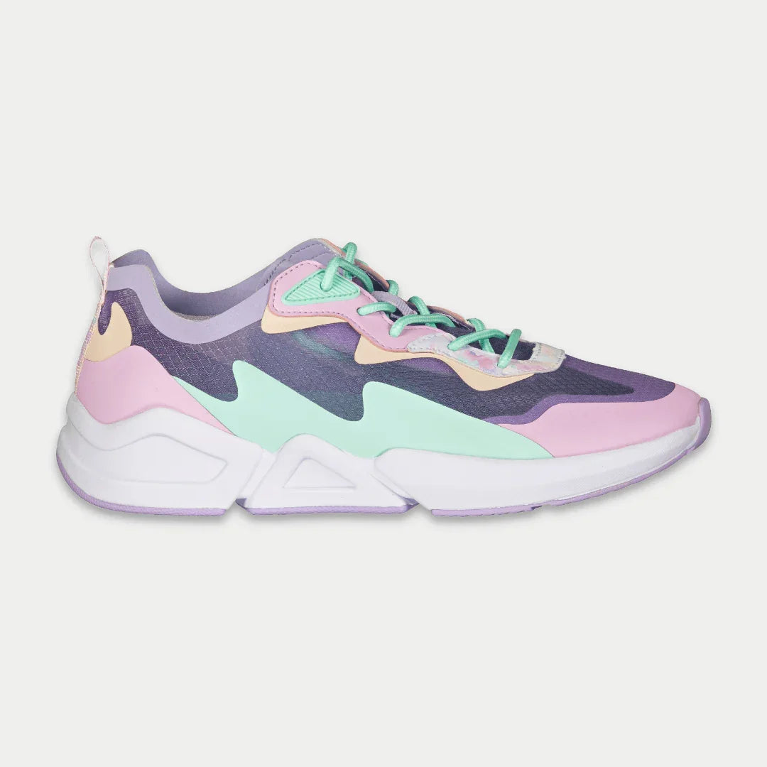 Women's LA Gear Mid-City lowtop sneakers in lavender and pink with mesh upper and seamless design.