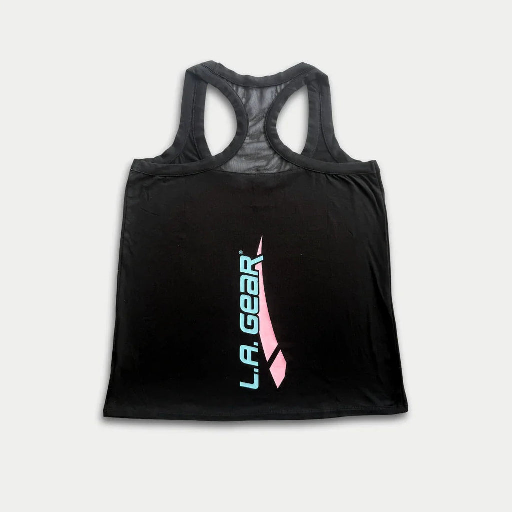Women’s Racerback Tank Top in Black with Aqua and Pink Logo