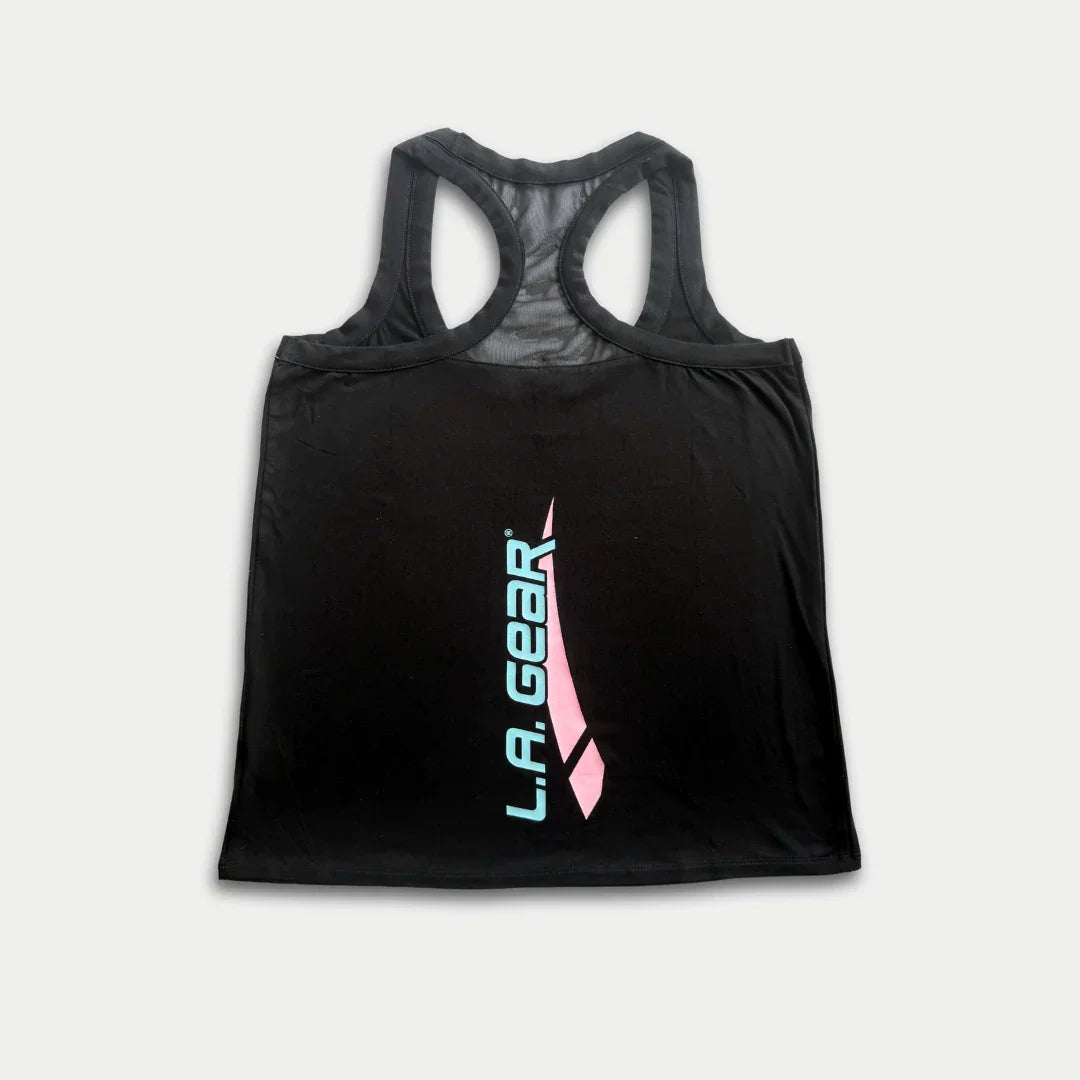 Women’s Racerback Tank Top in Black with Aqua and Pink Logo