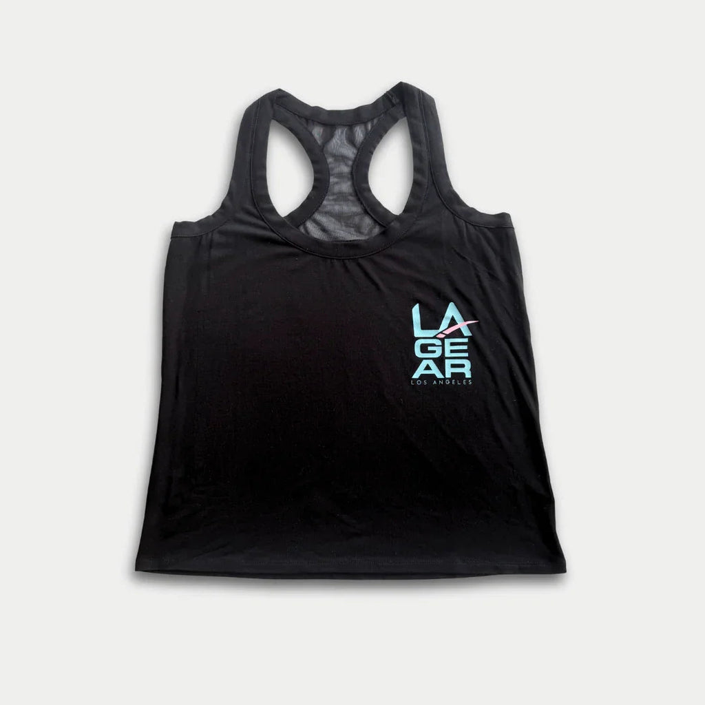 Women’s Racerback Tank Top in Black with Aqua and Pink Logo