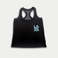 Women’s Racerback Tank Top in Black with Aqua and Pink Logo