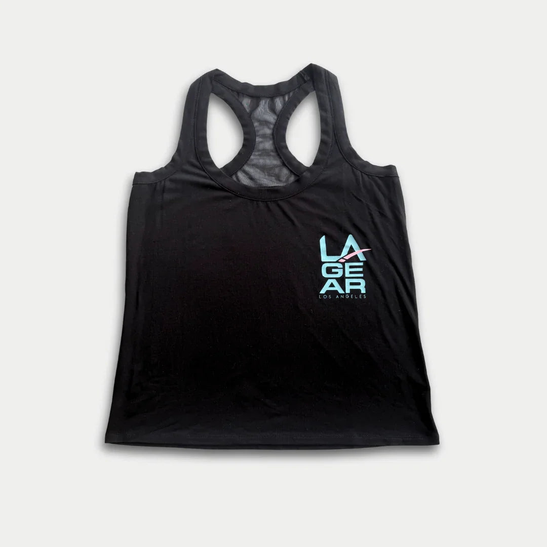 Women’s Racerback Tank Top in Black with Aqua and Pink Logo