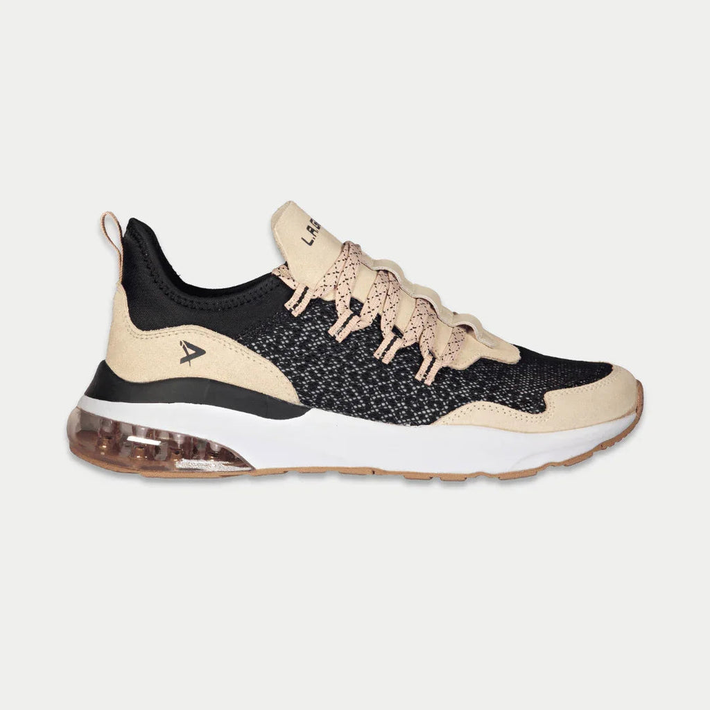Women's Runyon lowtop sneakers in black and pink with layered mesh and suede tongue