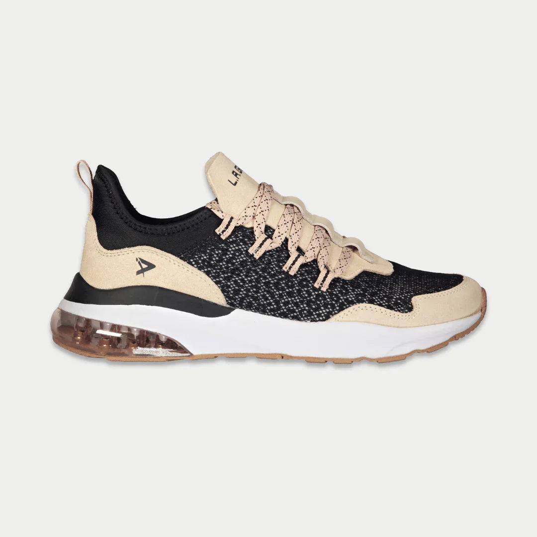 Women's Runyon lowtop sneakers in black and pink with layered mesh and suede tongue