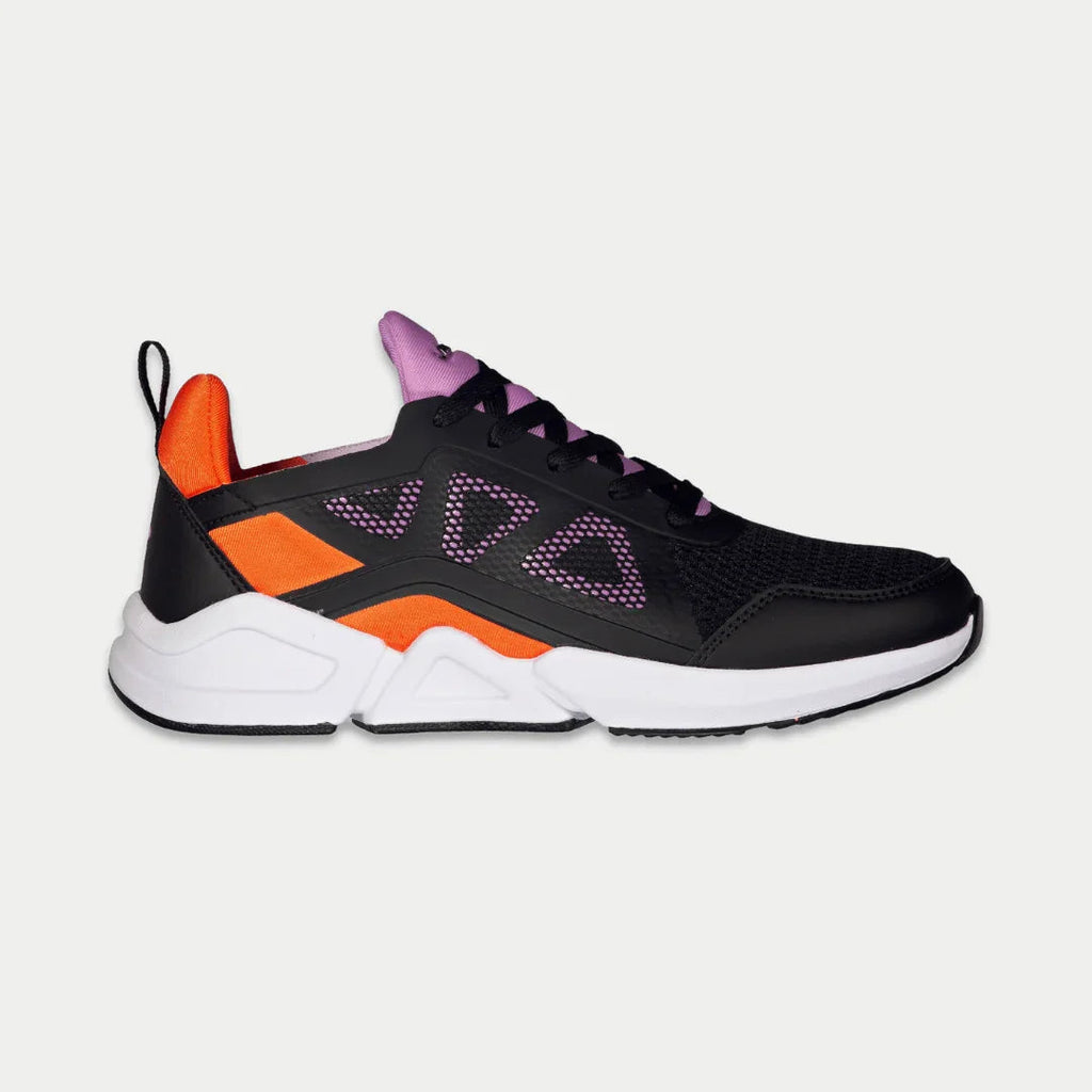 LA Gear Tarzana lowtop sneaker in black and orange with geometric pattern and neoprene details