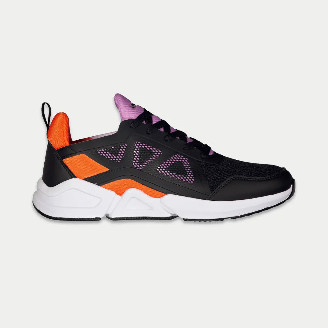 LA Gear Tarzana lowtop sneaker in black and orange with geometric pattern and neoprene details
