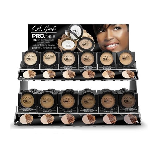 L.A. Girl Pro Face HD Matte Pressed Powder compact showing the product texture and inclusion of mirror and sponge.