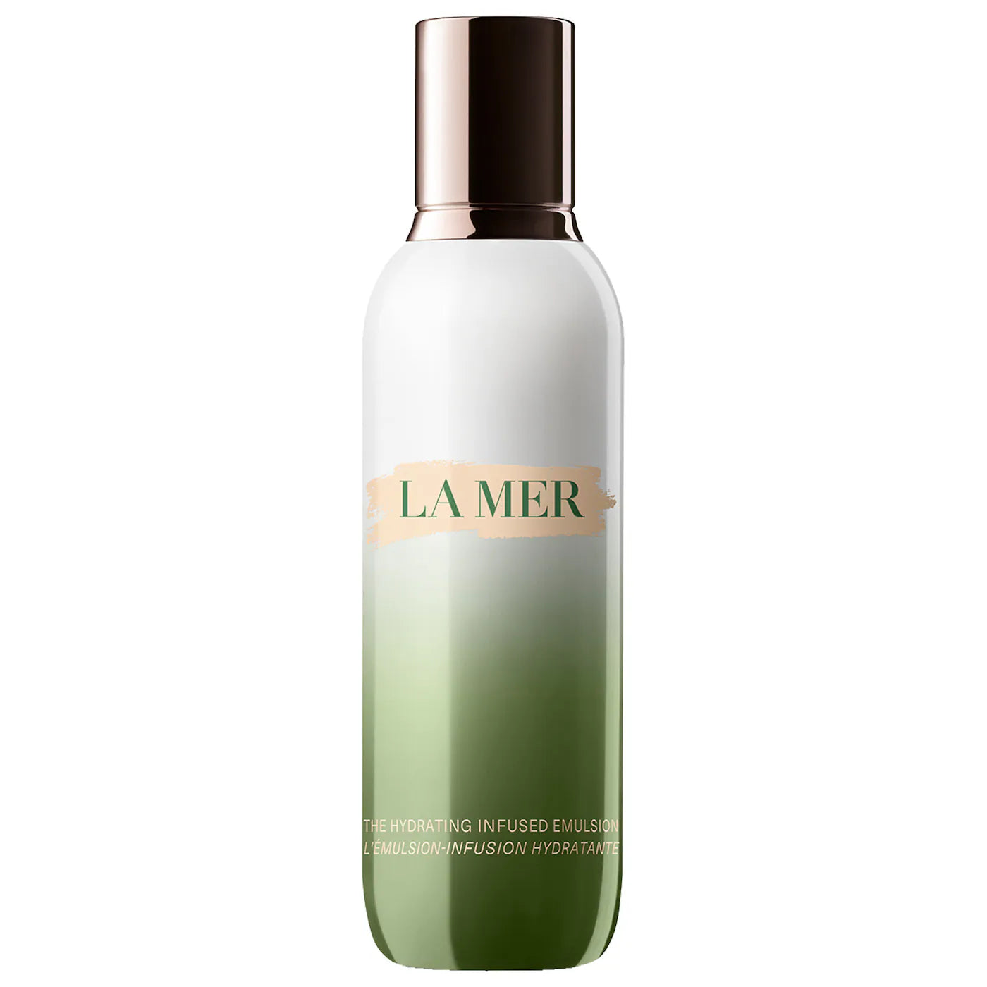 La Mer The Hydrating Infused Emulsion 4.2 OZ bottle in a minimalist green and white aesthetic.