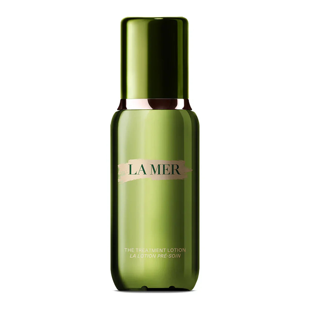 Luxury 5 OZ bottle of The Treatment Lotion in deep green and gold packaging.