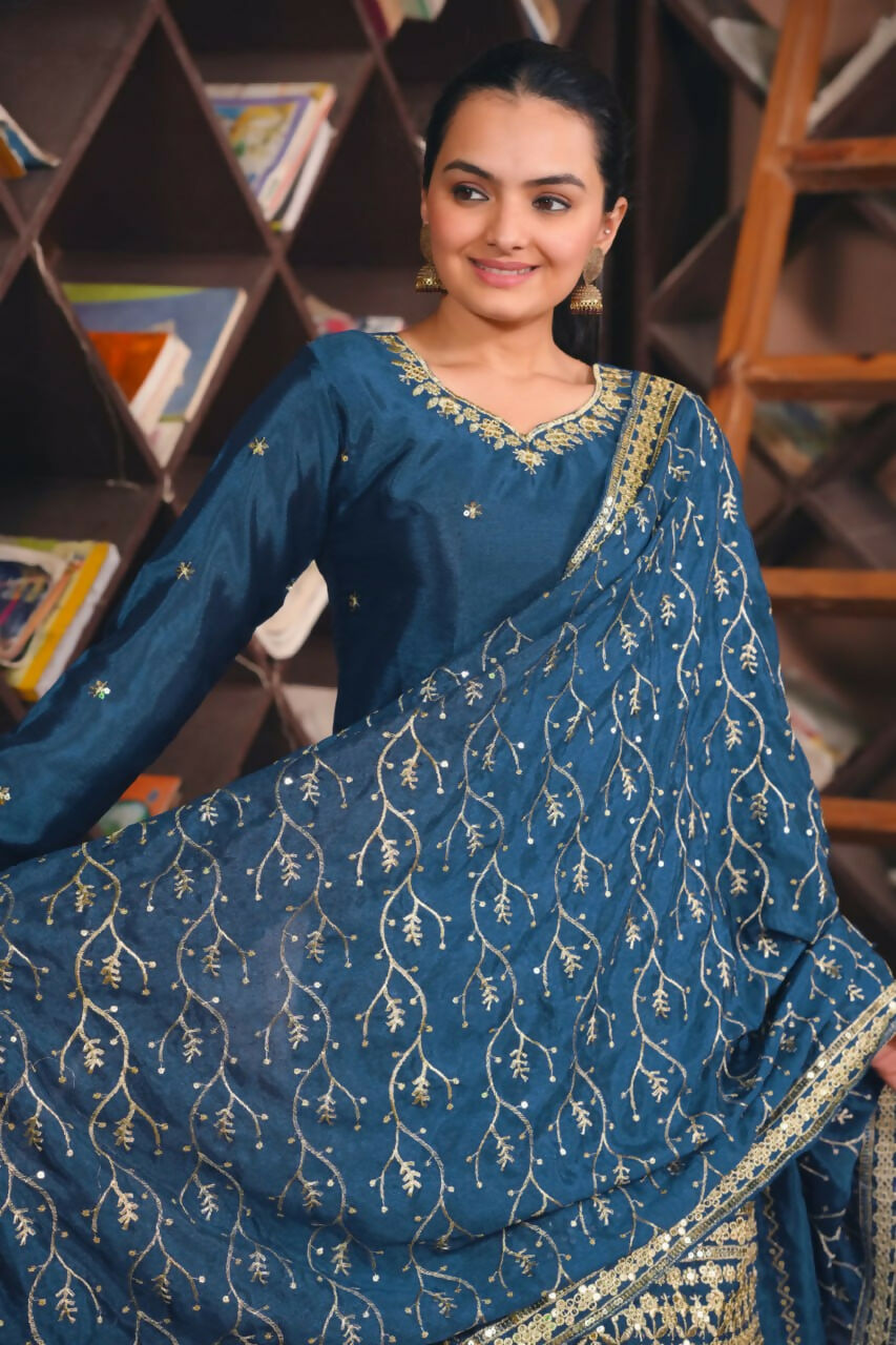 Blue Silk Embroidered Sharara Set with Stitched Kurti for Women