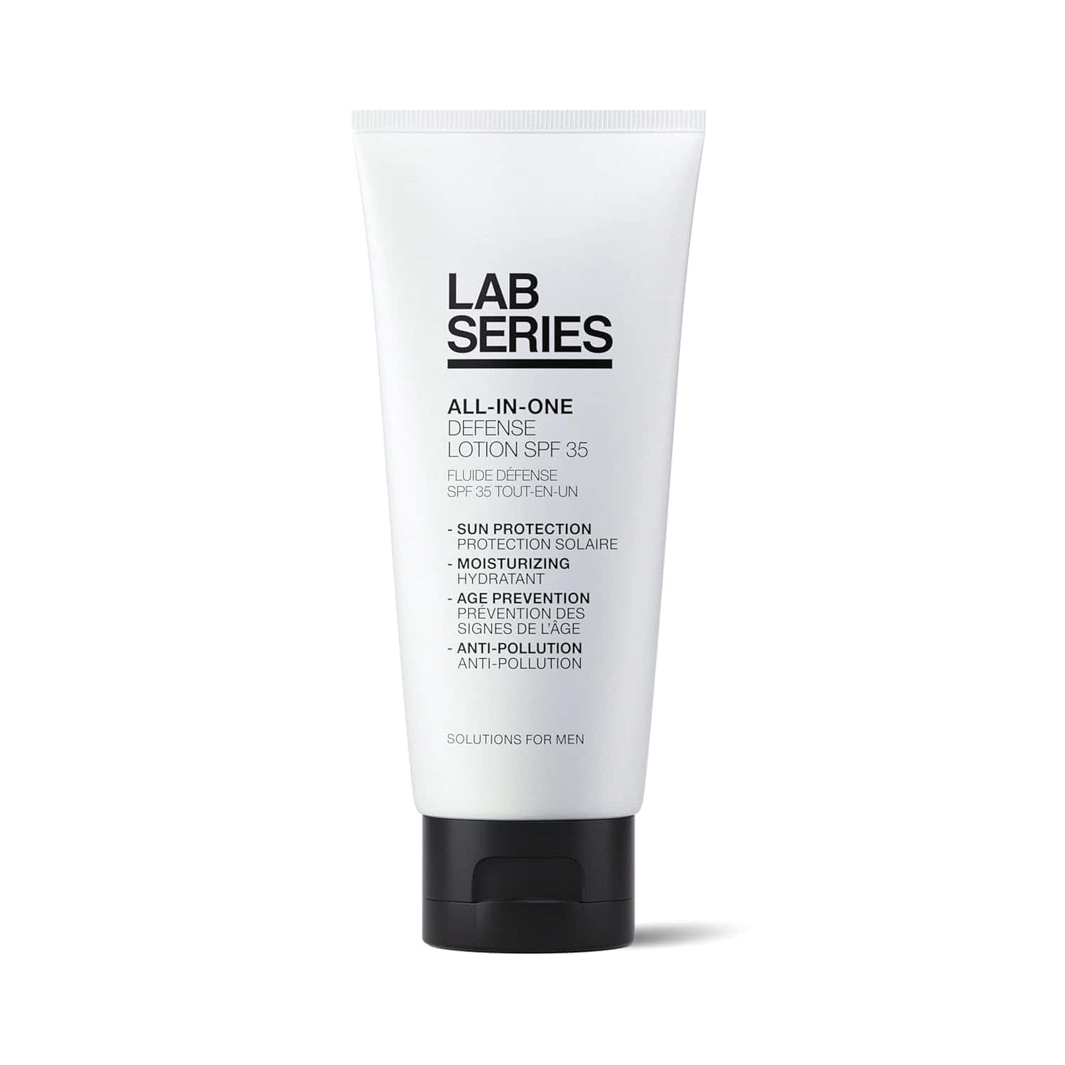 Lab Series All-In-One Defense Lotion SPF 35 in sleek black and white packaging