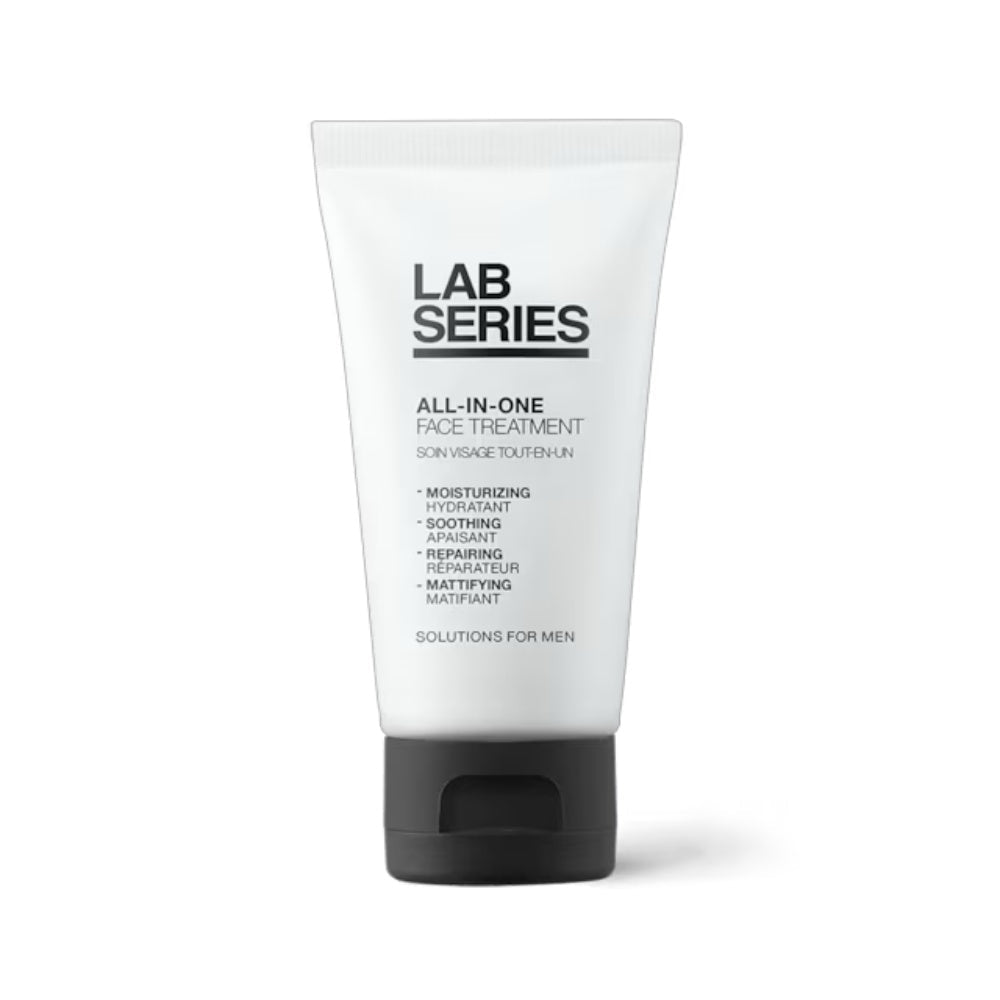 Lab Series All-In-One Face Treatment bottle in minimalist black and white
