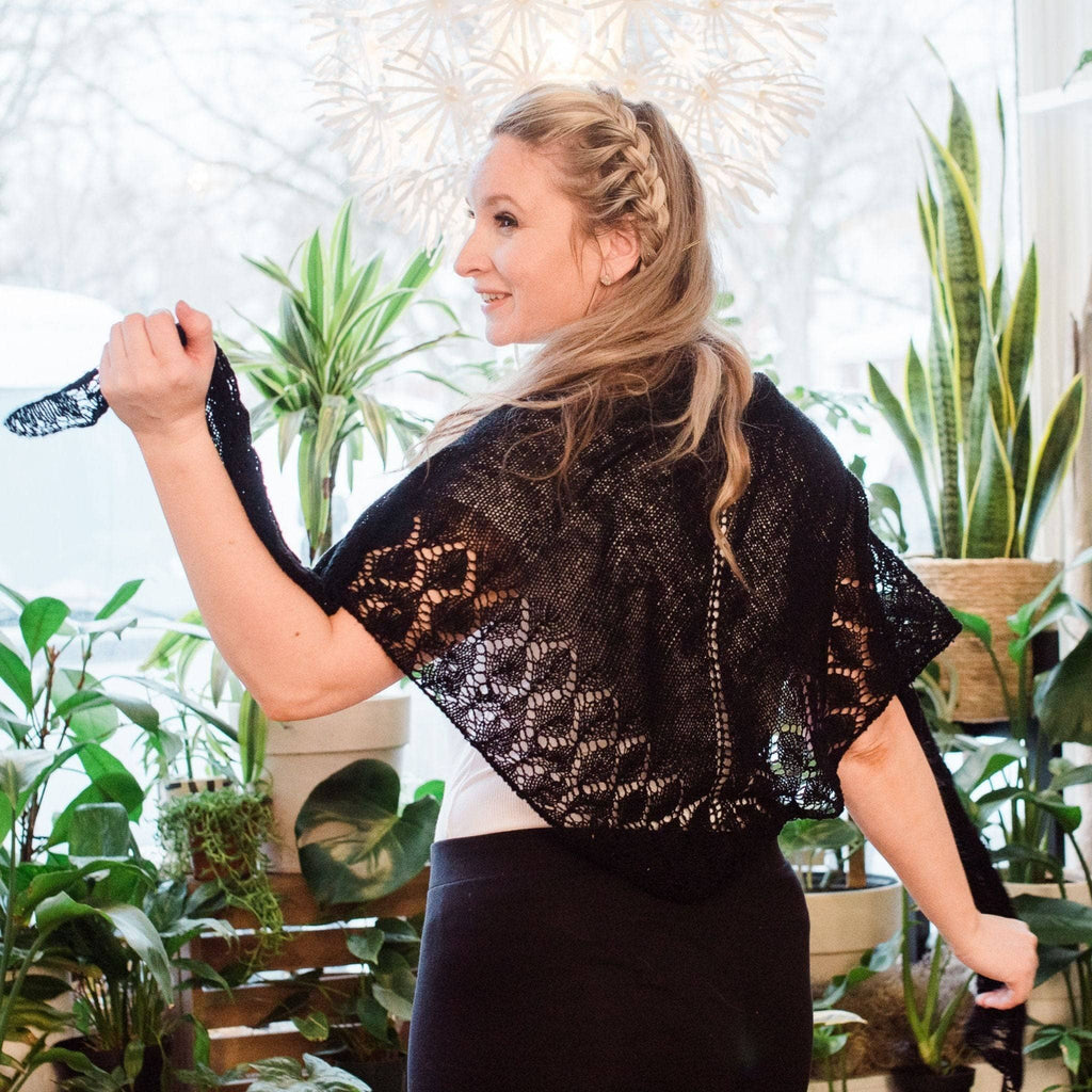Lace weight silk shawl in a romantic bohemian style, shown in black and multi-color patterns.