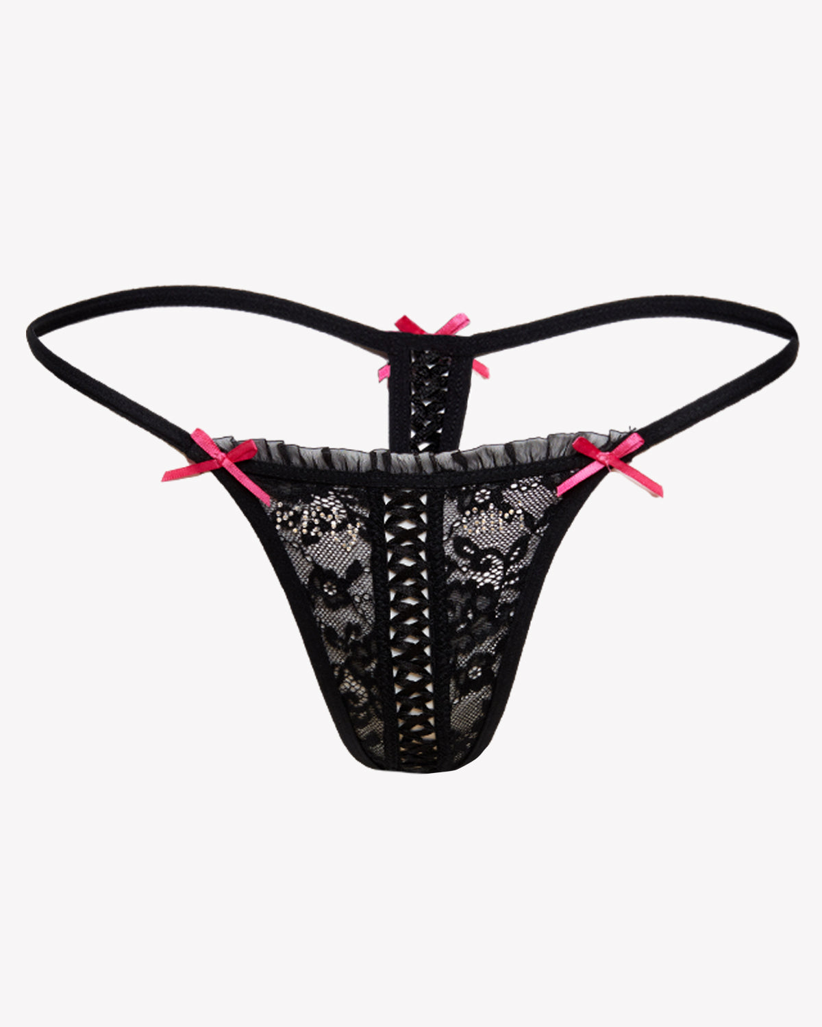 Kitty Girl Lace-up G-String Lingerie in Black or Hot-Pink