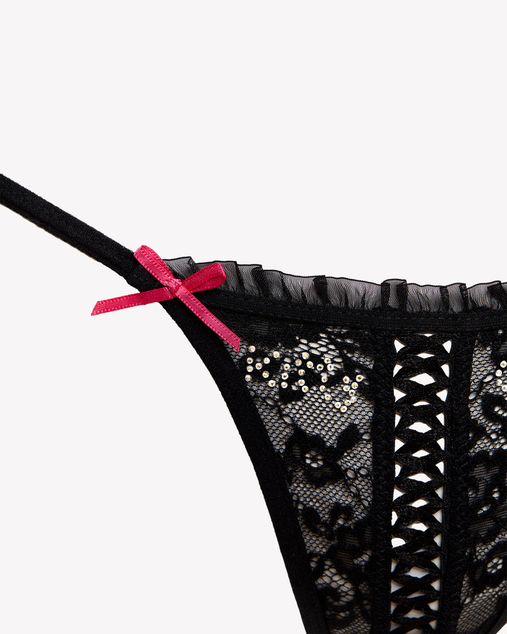 Kitty Girl Lace-up G-String Lingerie in Black or Hot-Pink