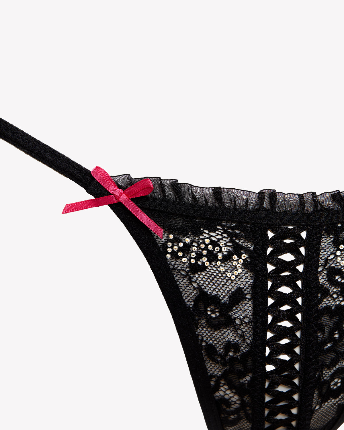 Kitty Girl Lace-up G-String Lingerie in Black or Hot-Pink
