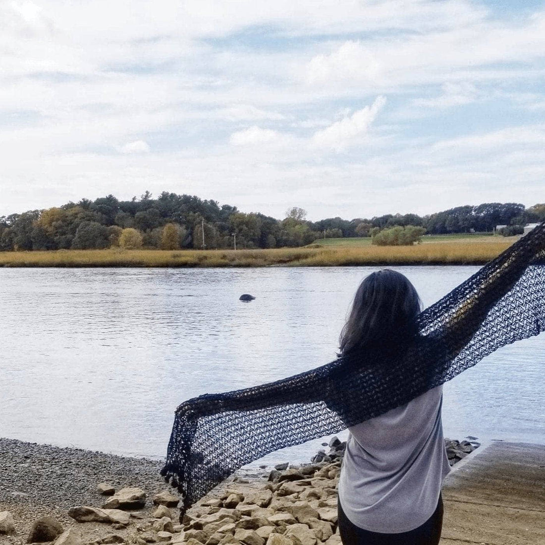 Lacy Floret Shawl Crochet Pattern in Navy Blue