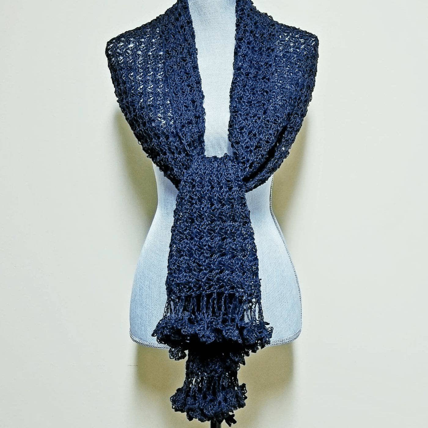 Lacy Floret Shawl Crochet Pattern in Navy Blue