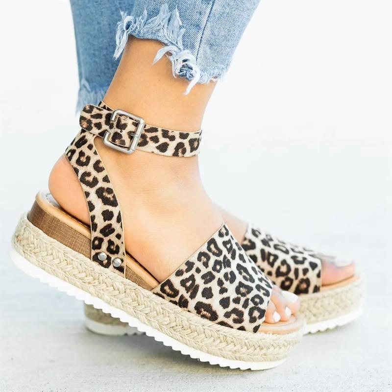 Women's Leopard Print Platform Sandals High Heel Summer Slides