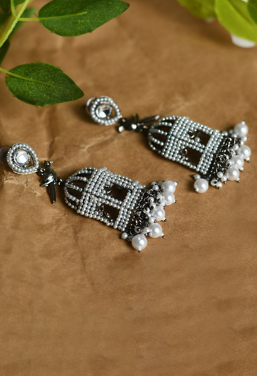 Silver Color Bird Nest Design Drop Earrings With Pearls