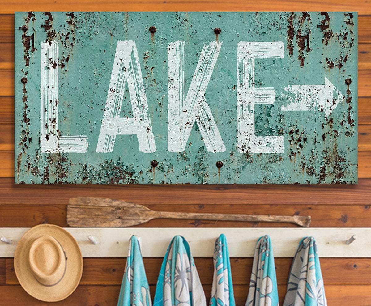 Lake Directional Sign Canvas Wall Art Teal White Wall Decor