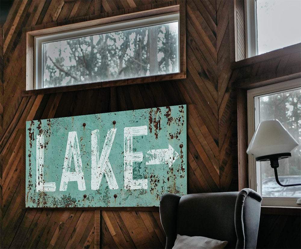 Lake Directional Sign Canvas Wall Art Teal White Wall Decor