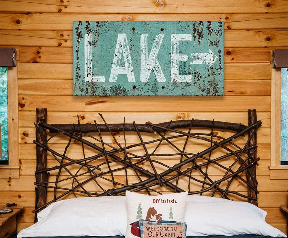 Lake Directional Sign Canvas Wall Art Teal White Wall Decor