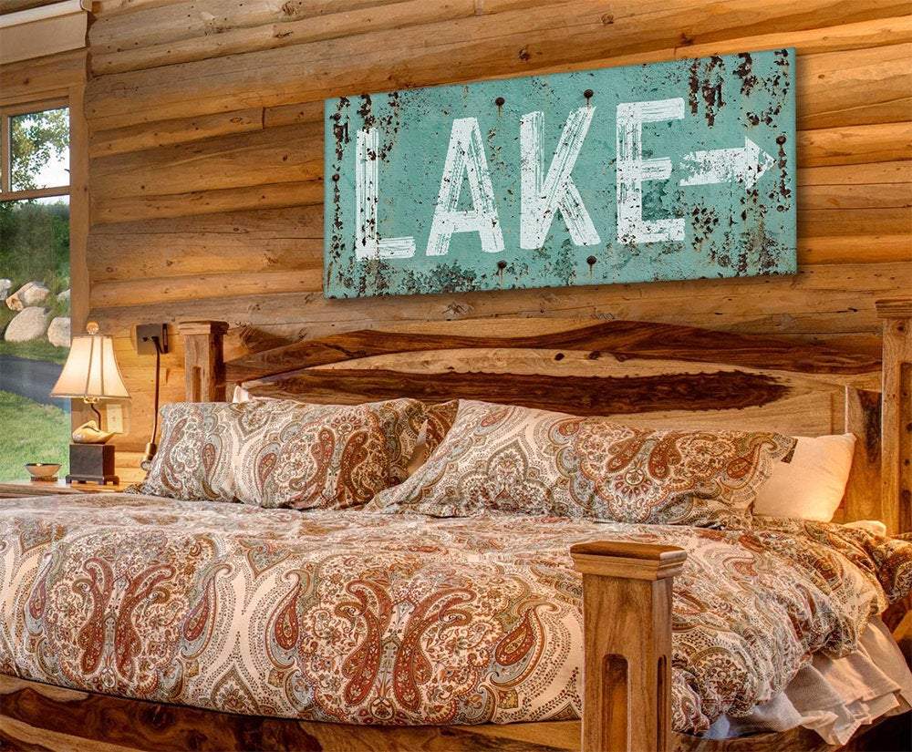Lake Directional Sign Canvas Wall Art Teal White Wall Decor