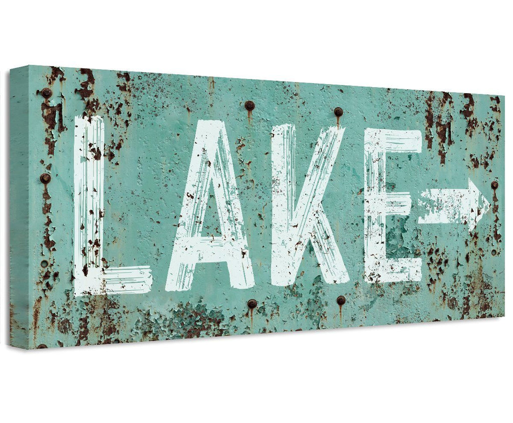 Lake Directional Sign Canvas Wall Art Teal White Wall Decor