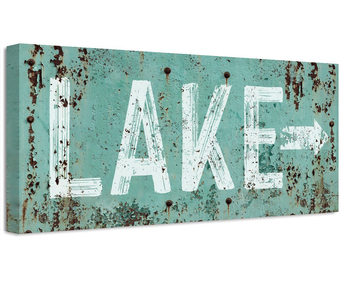 Lake Directional Sign Canvas Wall Art Teal White Wall Decor
