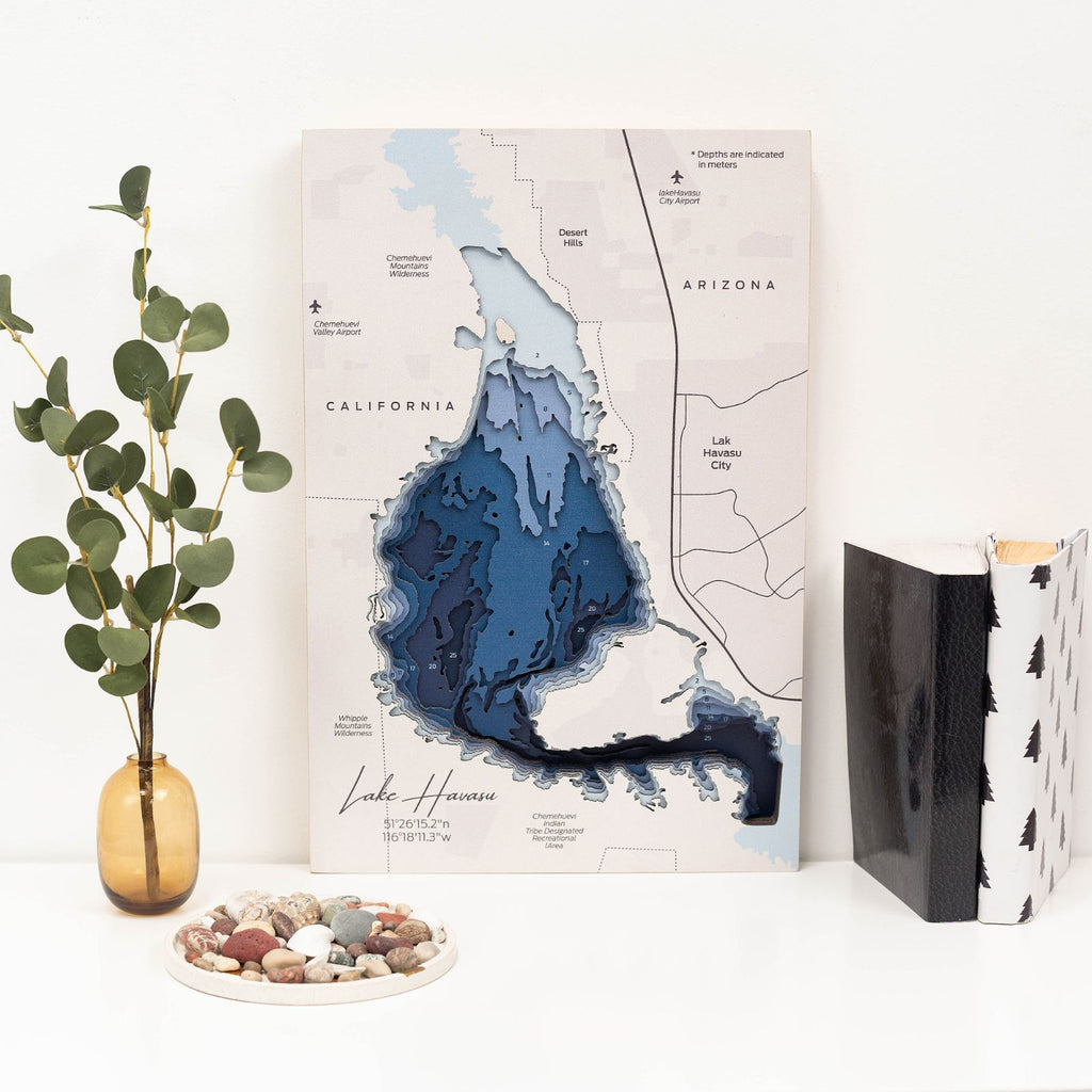Layered birch plywood Lake Havasu wooden map in blue, white, and tan
