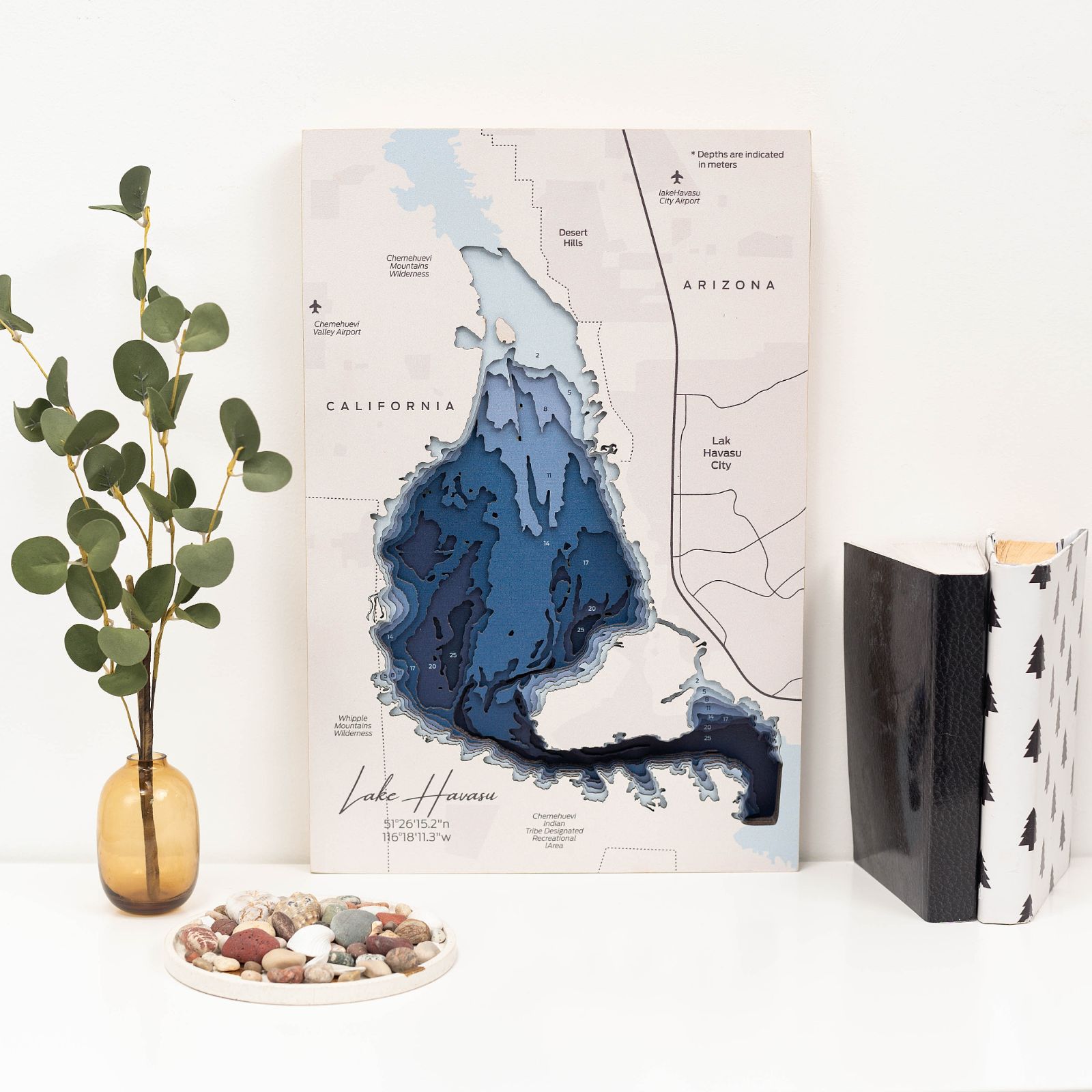 Layered birch plywood Lake Havasu wooden map in blue, white, and tan