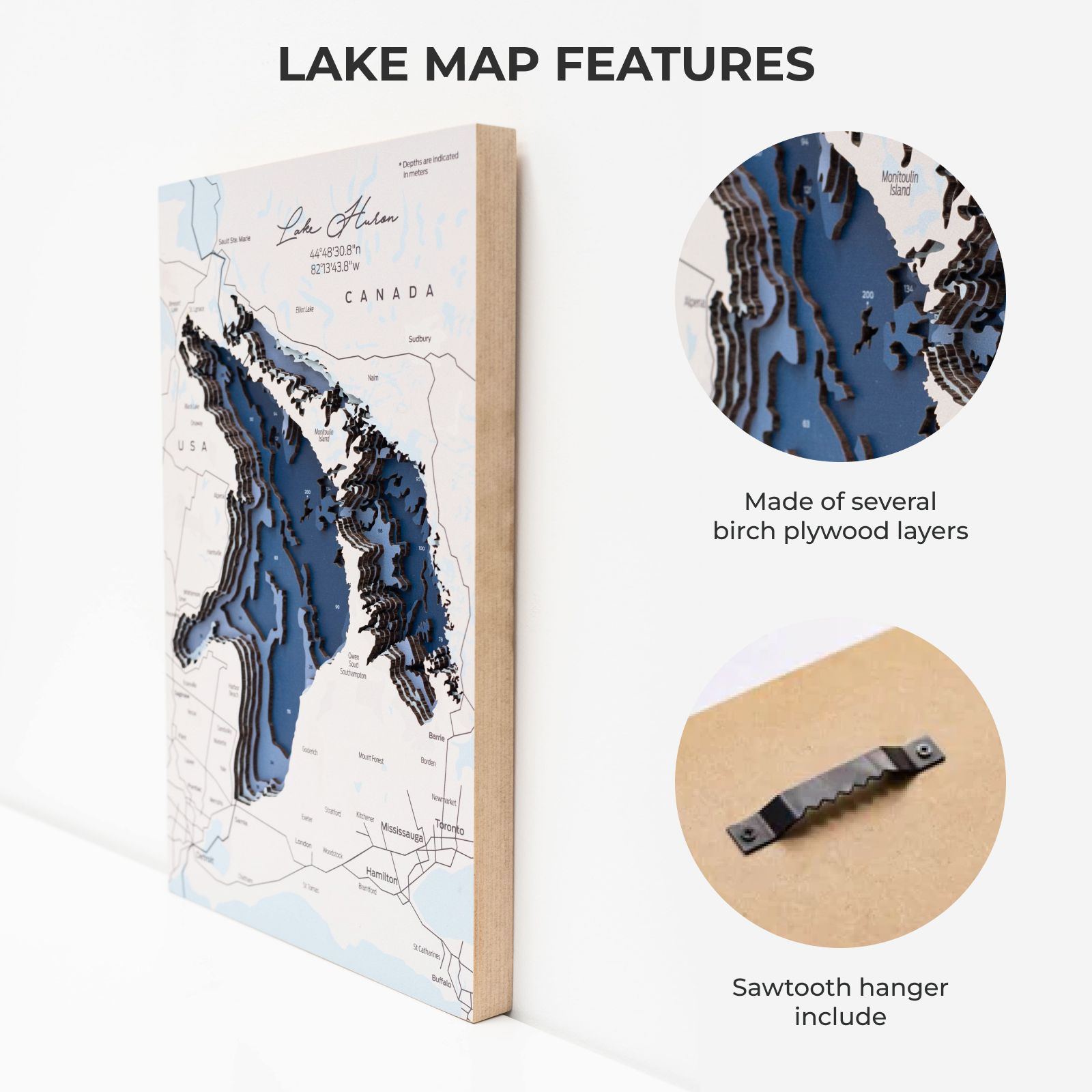 Lake Huron Wood Wall Art Coastal Nautical Map Decor
