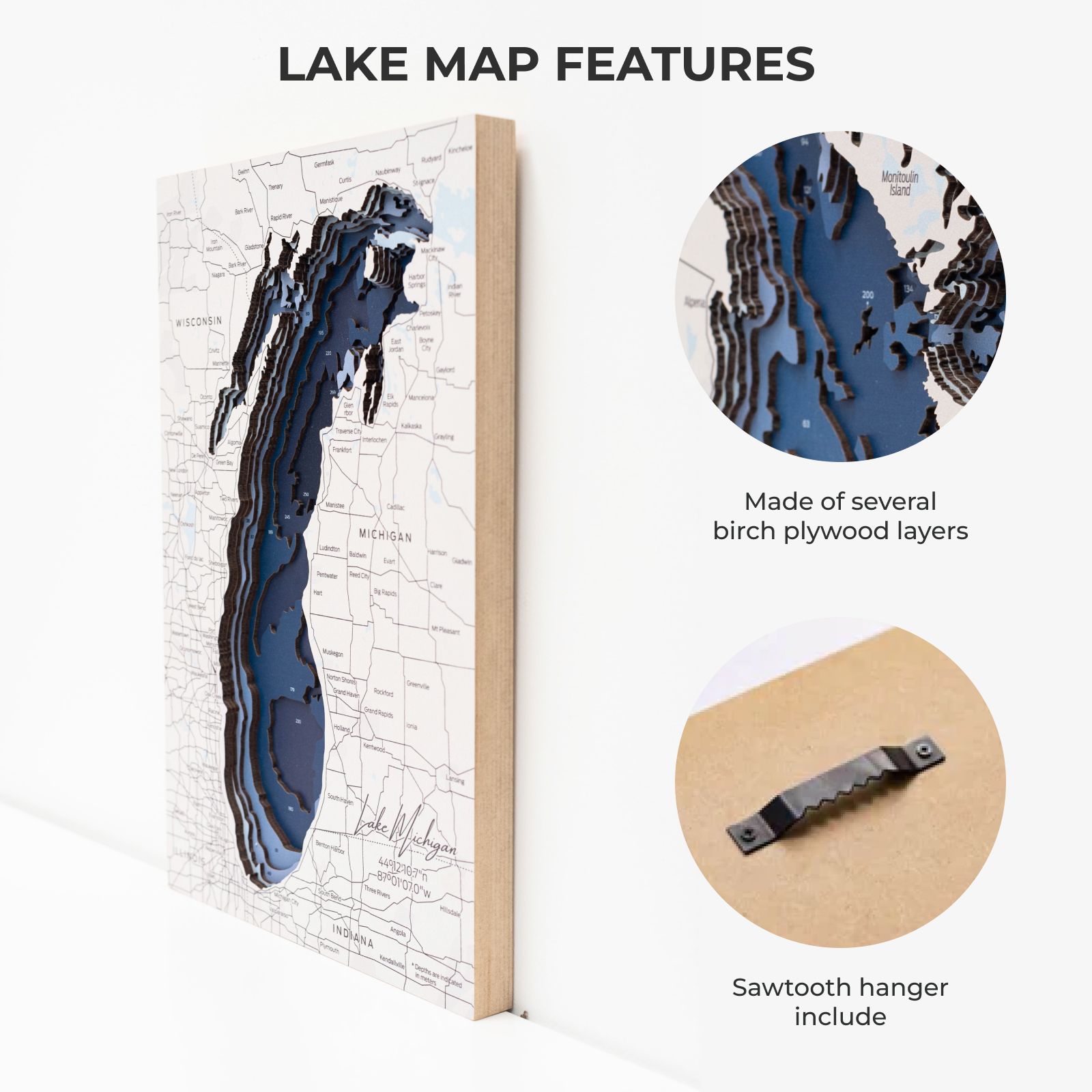 Lake Michigan Wooden Map Rustic Wall Art Geography Decor