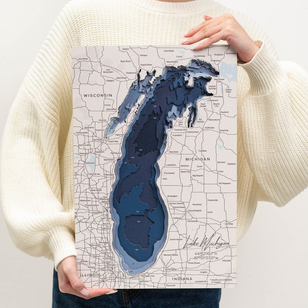 Rustic Lake Michigan wooden wall art map featuring detailed geographic contours